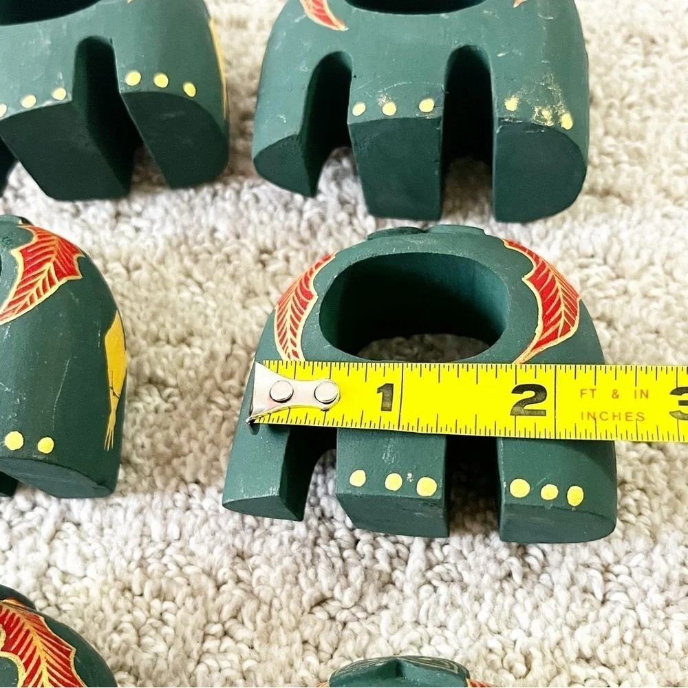 Green Elephant Wooden Napkin Rings Hand Painted Red Gold Holly Christmas 6x READ